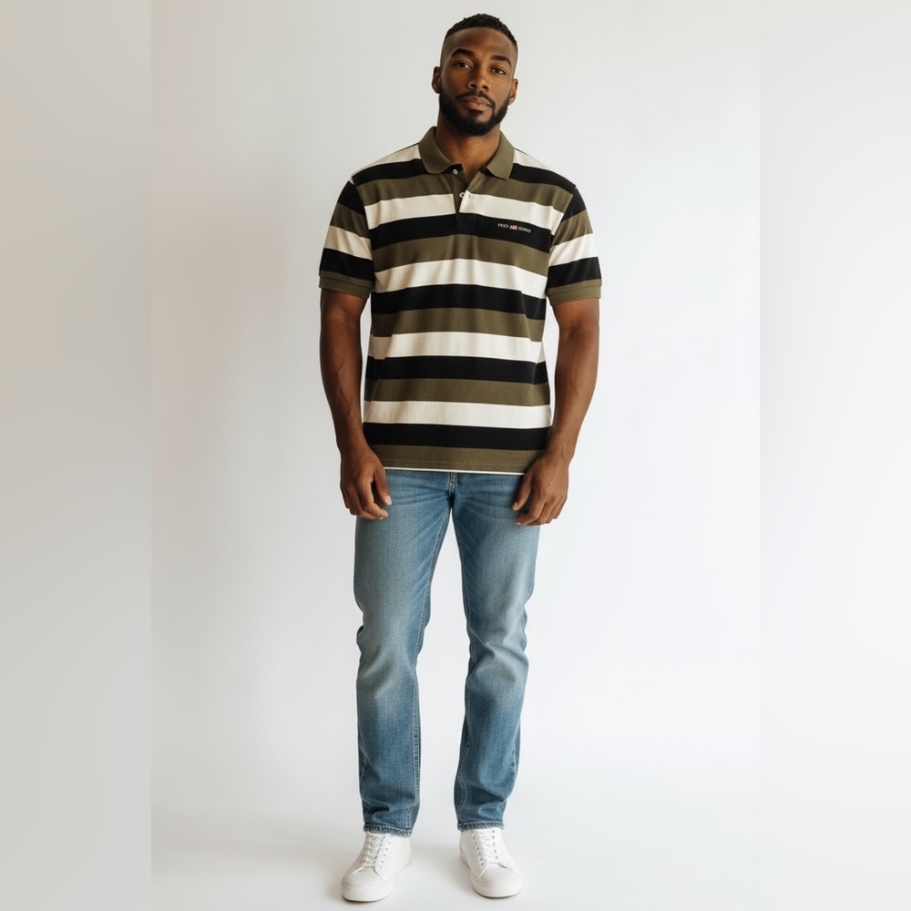Polo by Ralph Lauren Vintage Men's Striped Polo Shirt - Black, White, and green